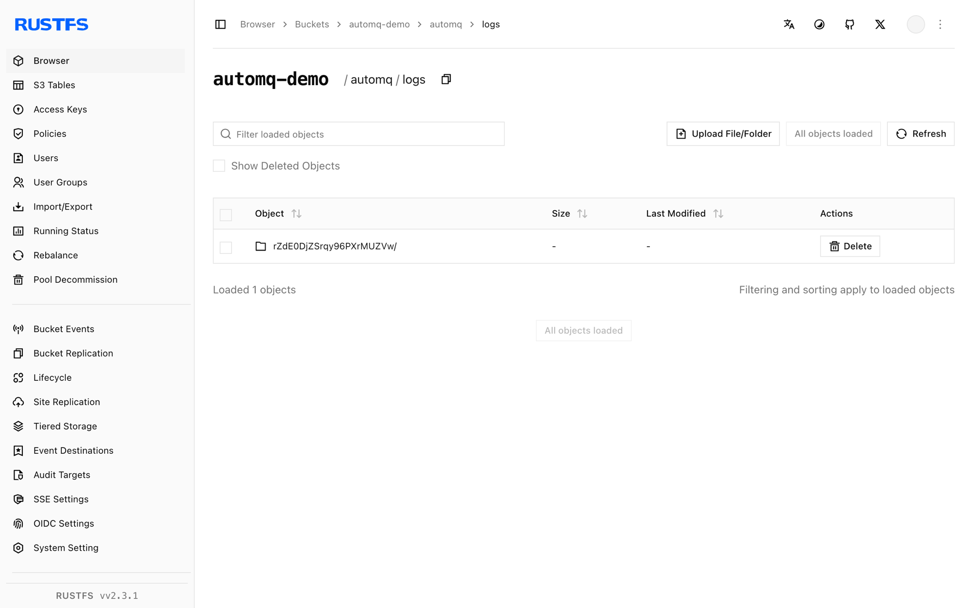 AutoMQ log streams stored in the RustFS Console