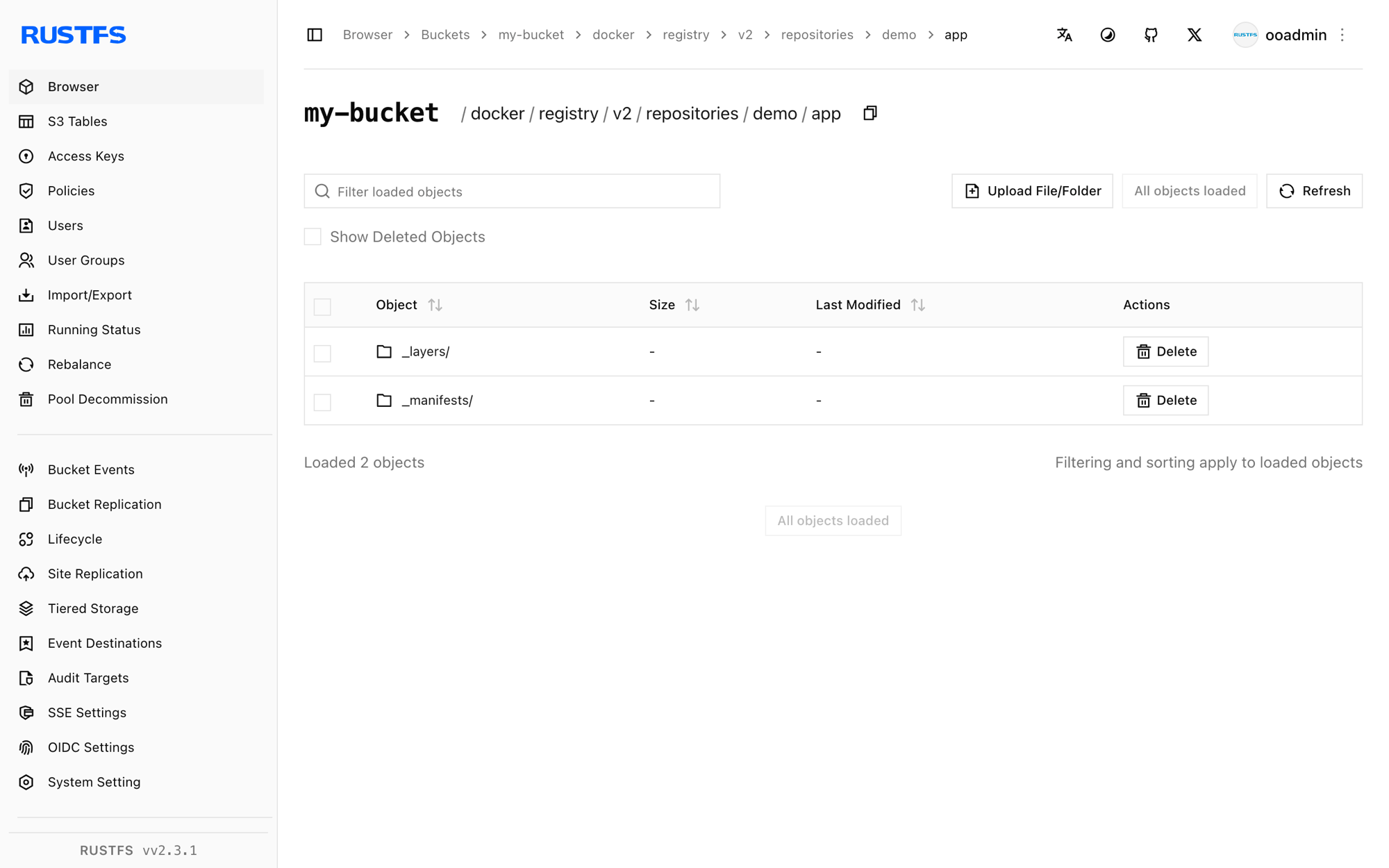 Les métadonnées du dépôt de l’image poussée dans la Console RustFS
